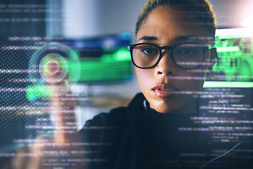 Image showing Programmer, woman with touch and code, cybersecurity with database, password and information technology. Cybersecurity, programming with ransomware and fingerprint, privacy and holographic overlay