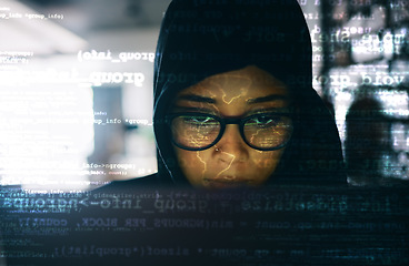 Image showing Hacker, woman and laptop with code and hologram, information technology and programming with database. Ransomware, malware or virus, hacking global network and cyber crime with cybersecurity and spy