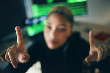 Image showing Hands, hacker and a person in an office for cyber security, software check or invisible screen. Closeup, typing and a hacker with fingers for a password, phishing or a connection virus at night