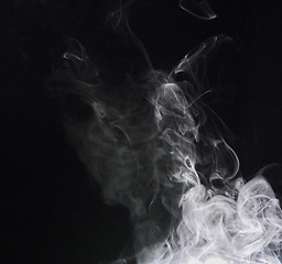 Image showing Smoke, fog or gas in a studio with dark background by mockup space for magic effect with abstract. Incense, steam or vapor mist moving in air for cloud smog pattern by black backdrop with mock up.