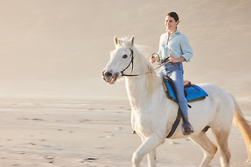 Image showing Horse riding, mockup and woman on outdoor with animal as jockey for happiness, joy and sand as hobby. Equestrian, smile and happy person or rider with sport on vacation or nature holiday with peace