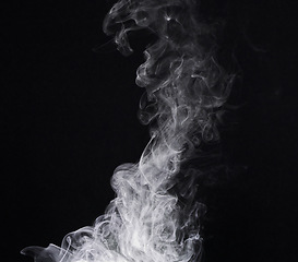 Image showing Smoke, vape and gas on black background with creative texture, mockup and abstract art, pattern or wind design. Smoking, cigarette effect or fog for air pollution or danger in empty or dark wallpaper