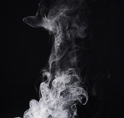 Image showing Abstract smoke, black background and mockup space with gloomy fog, creative art and magic effect. Vapor, dry ice or mystical swirl with special effects in studio, gas or smog with white puff by steam