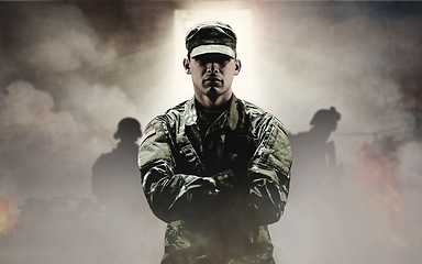 Image showing Man, soldier or hero in war with smoke in explosion, team or shadows in overlay for mockup. Military, person or commander on mission with light, door and standing with confidence, hope and future