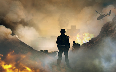 Image showing War, explosion and smoke, soldier silhouette on battlefield with conflict, military vehicle and politics. Helicopter, fire and chaos from fight, people in armed forces and warzone with army warrior