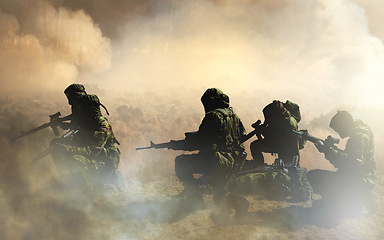 Image showing Military, war and soldier by smoke for mission, battlefield or fight in forest with army uniform, guns and protection. Warzone, warrior and person in camp look at apocalypse in woods for defence duty