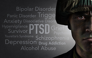 Image showing Soldier portrait, words and overlay with anxiety, PTSD and psychology text of a veteran and man. Military, letter collage and problems from war, battlefield and fight trauma with grief of hero