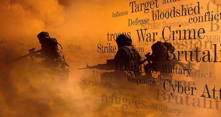 Image showing Army, gun and word overlay in smoke, defense and battle in war, fight and mission to strike. Military, danger and violence in camouflage, text and action on battlefield, apocalypse and conflict