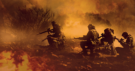 Image showing Battlefield, military or army with conflict, people or nature with explosion, shooting or warzone. Warrior, men or women outdoor, gun or mission with service, firearms or soldier with gear or courage