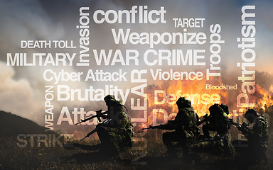 Image showing Army, gun and word overlay in explosion, defense and battle in war, fight and mission to strike. Military, danger and violence in camouflage, text and action on battlefield, apocalypse and conflict