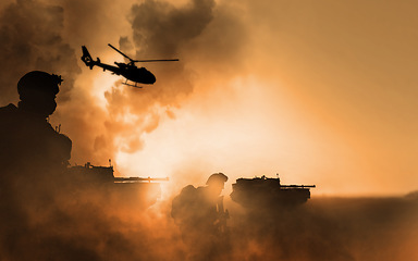 Image showing War, explosion and helicopter, soldier silhouette on battlefield with conflict, military vehicle and politics. Orange, fire and smoke from fight, people in armed forces and warzone with army warrior