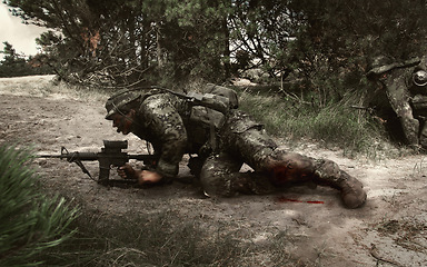 Image showing Military, soldier and aim target on ground for service, battlefield or fight in forest with army uniform, guns and protection. Warzone, warrior and person in camp for target in wood for defence duty