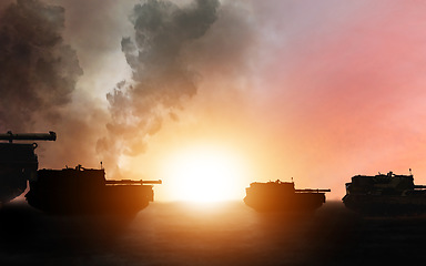 Image showing War, military tank silhouette and sunrise on battlefield with conflict, vehicle and politics with explosion. Orange, fire and smoke from fight or battle, armed forces and warfare with army in warzone