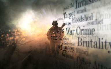 Image showing Warrior, gun and word overlay in explosion, defense and battle in war, fight and mission to strike. Soldier, danger and violence in camouflage, text and action on battlefield, apocalypse and conflict