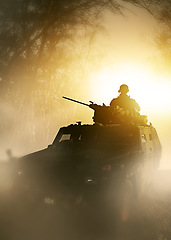 Image showing War, explosion and military tank with soldier silhouette on battlefield in conflict and politics. Orange light, fire and smoke from fight, person in armed forces and warzone with army warrior outdoor