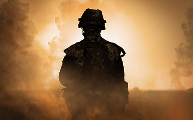 Image showing Man, soldier and smoke in war with back, silhouette and dust in overlay for mockup. Person, marine or veteran in battle for freedom, courage and honor for country for freedom, defense or conflict