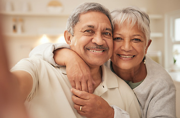 Image showing Selfie, smile and old couple in home with love, support and portrait of marriage in retirement together. Digital photography, face of happy man and senior woman in apartment to post on social media.