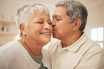 Image showing Kiss, smile and senior couple in home with love, support and portrait of marriage in retirement together. Digital photography, face of happy man and old woman in apartment to post on social media.