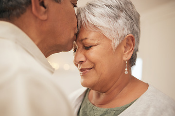 Image showing Kiss, smile and senior couple in home with love, support and commitment to marriage in retirement. Embrace, face of happy man and old woman in apartment together with care, trust and romantic loyalty