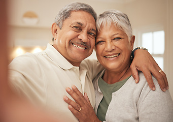 Image showing Selfie, love and senior couple in home with smile, support and portrait of marriage in retirement together. Digital photography, face of happy man and old woman in apartment to post on social media.