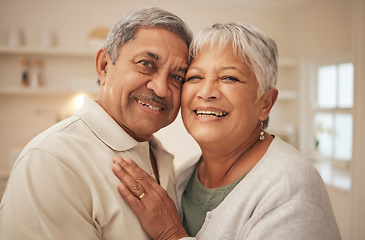 Image showing Portrait, smile and senior couple in home with love, support or romantic marriage in retirement together. Embrace, face of happy man and old woman in apartment with hug, commitment to care or loyalty