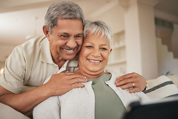 Image showing Home, video call and senior couple with a tablet, speaking and greeting with conversation, connection and speaking. Internet, old man and happy elderly woman with technology, digital app and hug