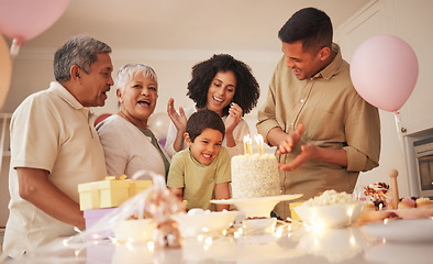 Image showing happy birthday, big family and child with cake clapping hands or applause in home for event to celebrate together. Grandparents, happiness and kid excited for gathering, surprise and gift in a house