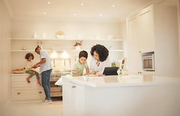 Image showing Learning, child and mother help with math homework in kitchen of family home for development and education. Support, mom and boy kid with school work and study at table for knowledge and calculation