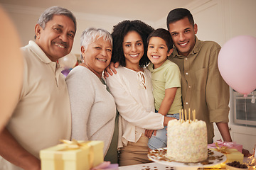 Image showing Birthday cake, child and family portrait with grandparents for celebration, party and parents, love and care. Happy interracial people, boy kid and balloon, present or gift and dessert for holiday