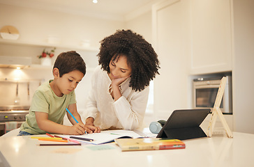 Image showing Mother, child and writing for home education, e learning and family support for creative development. Interracial mom and boy kid with books and drawing for online school, guide or teaching on tablet
