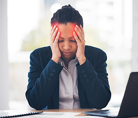 Image showing Stress, headache and business woman in office with laptop, documents or budget review crisis. Anxiety, migraine and female financial advisor overwhelmed by tax, audit or bankruptcy, loss or debt