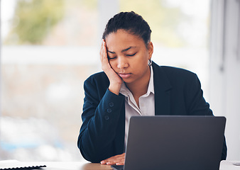 Image showing Sleeping, burnout and tired business woman with laptop in office exhausted, nap or low energy problem. Fatigue, lazy and bored female manager with eyes closed, overworked or break from online task