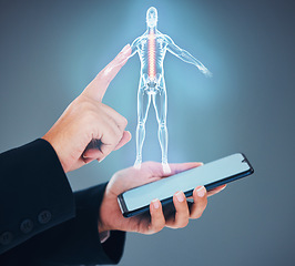 Image showing Person, hands and phone with body hologram, x ray or mockup for anatomy against a studio background. Closeup of future technology or medical data with mobile smartphone, 3D display or health app