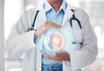 Image showing Globe, hologram and doctor in hospital for network, biometrics and website for telehealth. Futuristic, healthcare mockup and person with earth overlay for 3d digital scan, ux and medical research