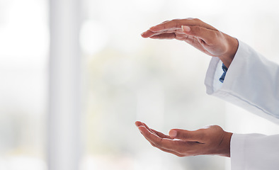 Image showing Hands, health and a doctor with space or invisible advertising for artificial intelligence or metaverse innovation. Healthcare, future and medical with a medicine professional closeup in hospital