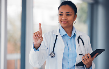 Image showing Doctor, tablet for networking and touch with finger for medical research, connection or communication. Telehealth, digital app and healthcare professional with invisible future technology in medicine