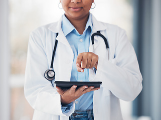 Image showing Doctor, tablet for touch and finger on button for medical research, connection and communication. Website, digital app and healthcare professional with invisible, future technology and medicine.