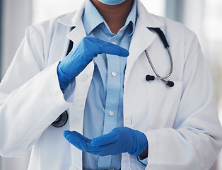 Image showing Hands, health and a doctor with space or invisible advertising in hospital for artificial intelligence or metaverse innovation. Medical, future and gloves with a medicine closeup for healthcare