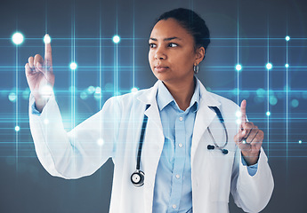 Image showing Finger, doctor and woman with hologram screen for user interface, biometrics and telehealth. Futuristic overlay, healthcare and worker with hands for digital scan, internet and medical research