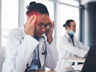 Image showing Woman, doctor and headache at desk or healthcare burnout at hospital, mental stress or tired. African female professional, fatigue and pain at laptop or working brain fog depression, vertigo or sick
