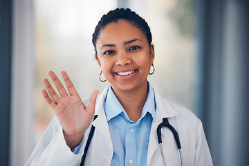 Image showing Happy woman, portrait and doctor wave hello for meeting, greeting or Telehealth at friendly hospital. Female person, nurse or professional surgeon smile for medical introduction or visit at clinic