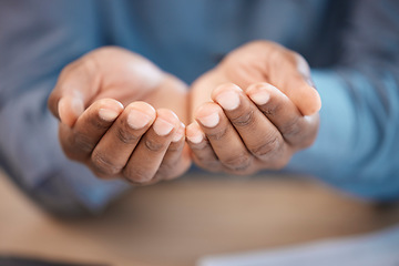 Image showing Black man, hands and help for charity, poverty and donation request to support community with legal fees or money. Poor, person and gesture for asking or begging for kindness, aid or free care