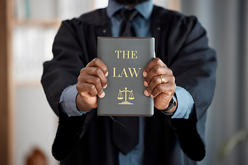 Image showing Hands, judge and law book for justice, knowledge and study constitution for decision in court. Legal expert, attorney or advocate and choice for equality, consultation and compliance for government