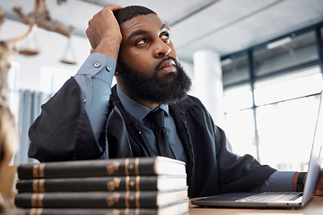 Image showing Attorney man, laptop and law books for knowledge, thinking or research for decision in courtroom. Legal expert, justice or advocate and choice for equality, idea or brainstorming for criminal hearing