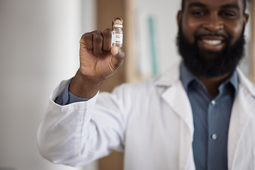 Image showing Doctor, man and vaccine bottle in portrait, smile and care for pharmaceutical product for dengue fever. African medic, pride and happy for medicine, liquid and health innovation for safety in clinic