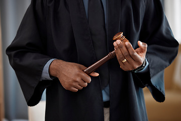 Image showing Hands, judge and gavel in courtroom, justice and decision at criminal trial hearing for conflict. Legal expert, hammer and choice for equality, consultation and knowledge for government in court