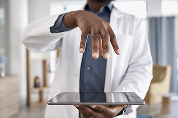 Image showing Closeup, doctor and hands with a tablet, futuristic and connection with healthcare, innovation and network. Person, medical professional and worker with tech, digital app and telehealth with internet