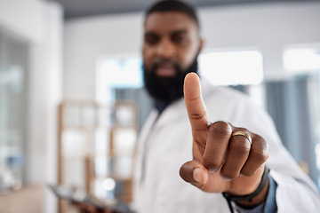 Image showing Finger, invisible screen and doctor press key on technology for healthcare, wellness or telehealth. Hand, click touchscreen or medical professional on internet for digital connection on futuristic ui