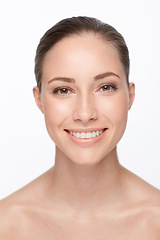 Image showing Woman, smile and studio portrait beauty or cosmetic skincare for natural shine, glow or luxury. Female person, nude and health facial or white background clean results, happy or wellness dermatology