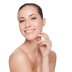 Image showing Woman, skincare and portrait hand in studio smile for beauty, health or cosmetic skin peel. Female model, natural detox and hydra facial wellness glow results, shine for hydration on white background